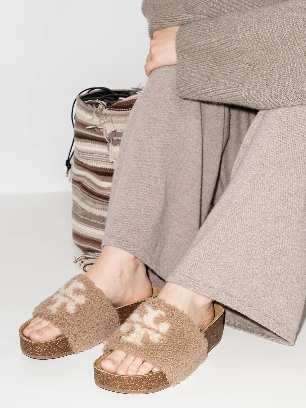 Women Tory Burch Double T Shearling Sandals - Image 3